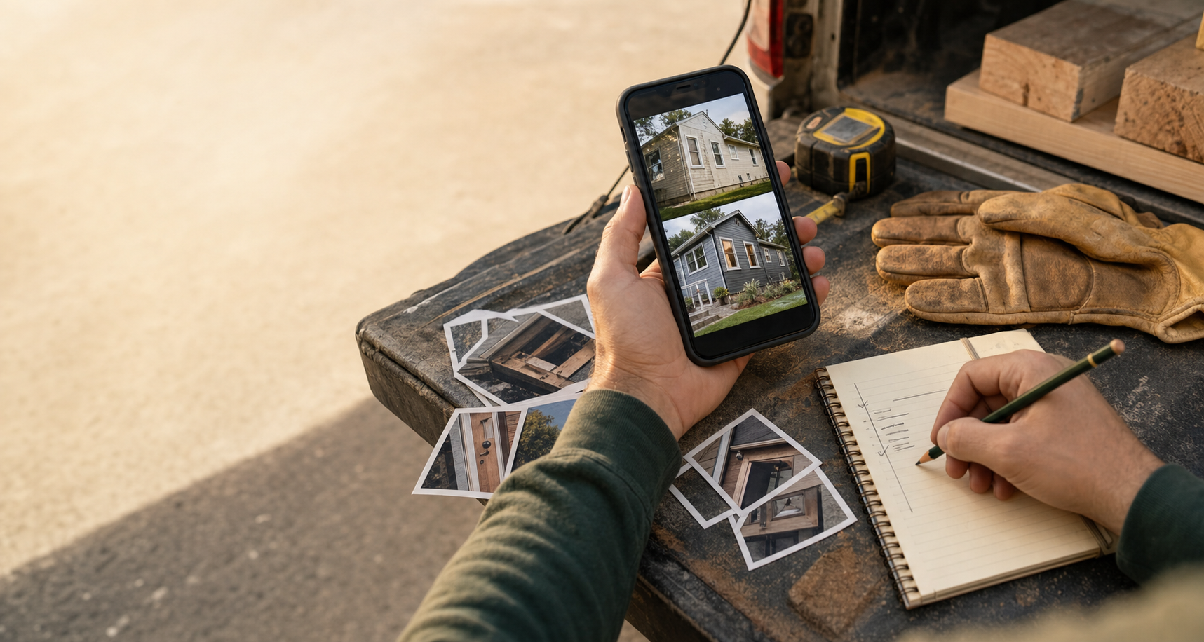A phone, job notes, and printed project photos on a contractor work surface.