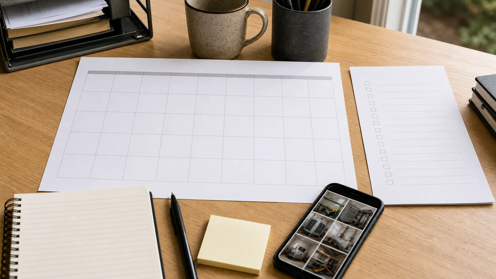 A contractor planning a seasonal content calendar with service notes, homeowner questions, and generic job-photo thumbnails on a desk.