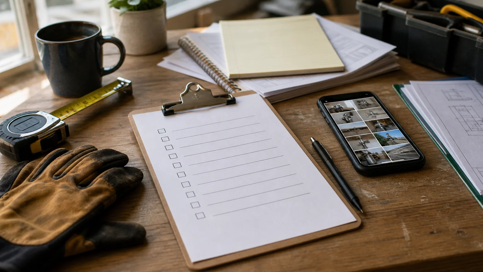 A workbench scene with a blank job-site checklist, work gloves, tape measure, phone, and service paperwork.
