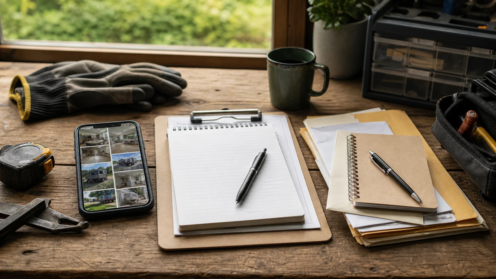 A workbench scene with generic job photos, a blank notebook, folders, tools, and service paperwork arranged for content planning.