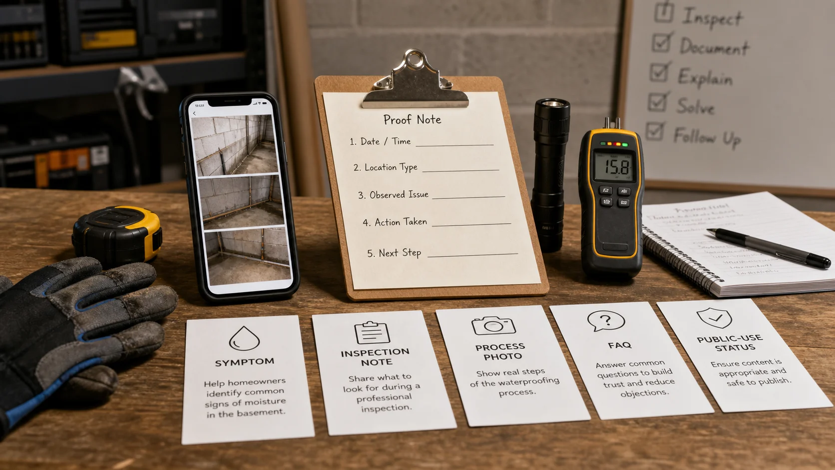 Worktable with waterproofing inspection notes, phone photos, tools, and content idea cards for turning job details into public-safe marketing.