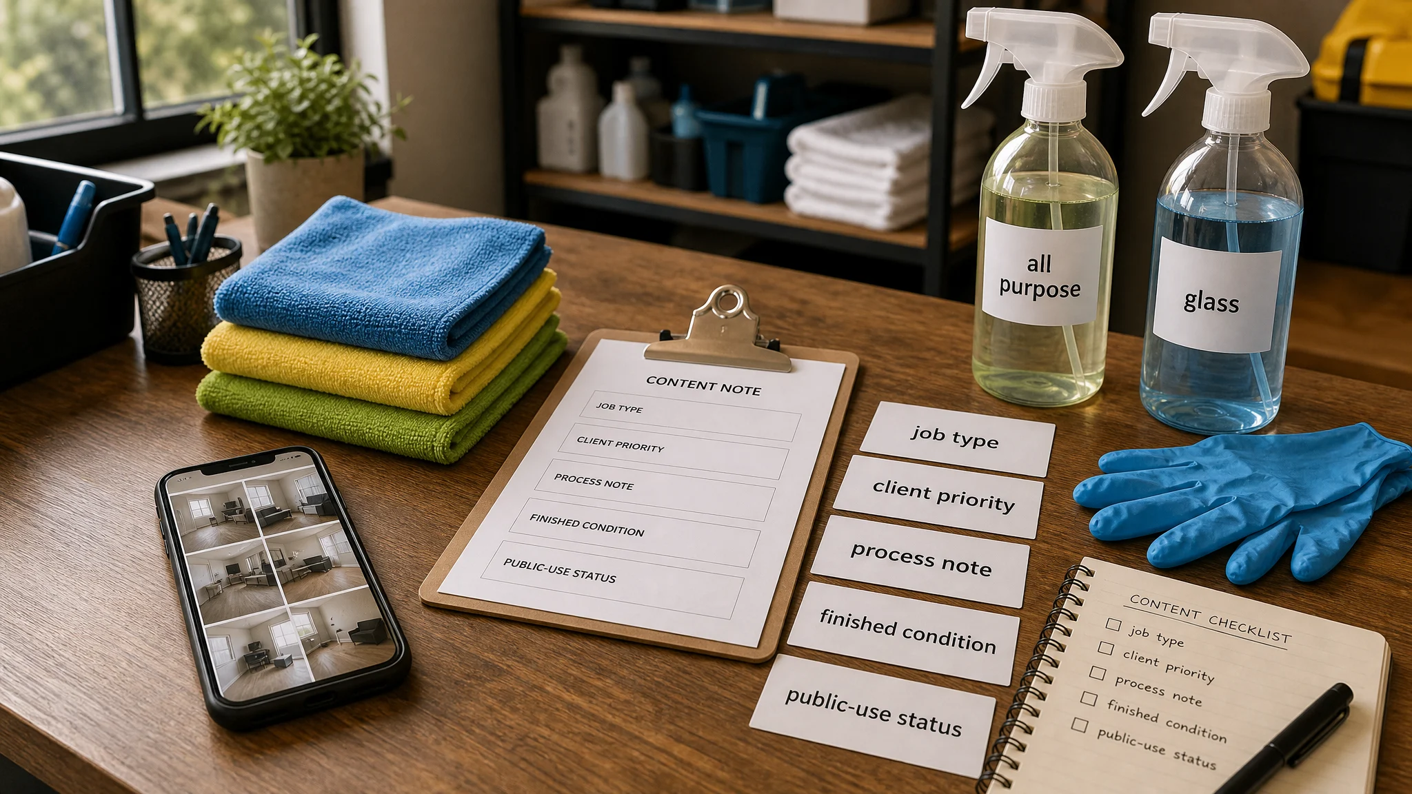 Cleaning-company planning table with job photos, checklist, cleaning supplies, and content note cards for turning approved cleaning work into public-safe content.