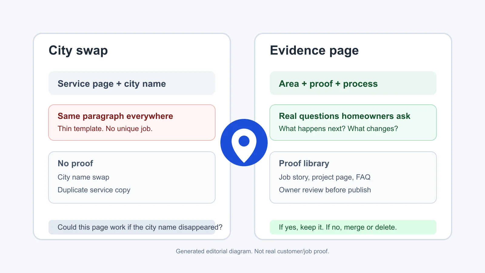 Split diagram showing a thin city swap on one side and an evidence-based service-area page on the other.