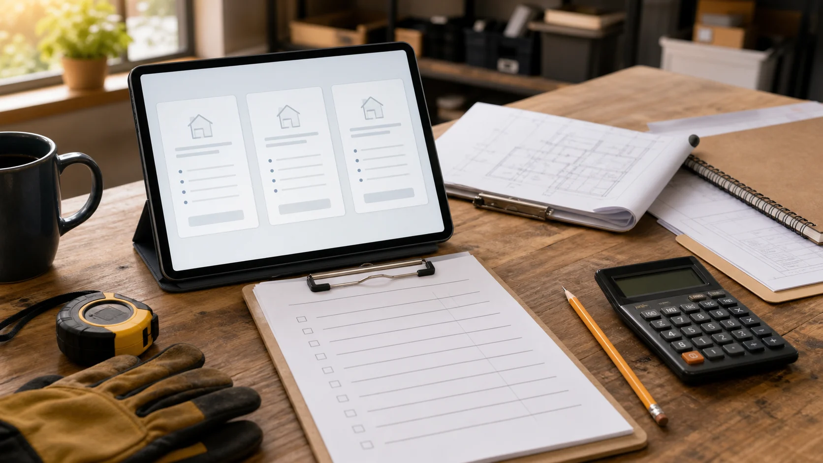 Home service office desk with blank pricing cards, estimate worksheet, calculator, measuring tape, gloves, and service paperwork.