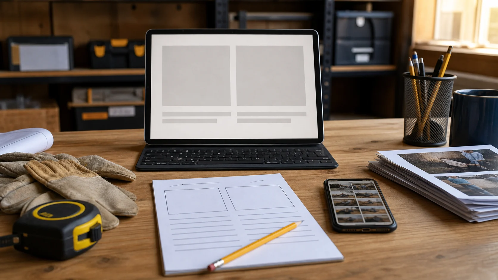 Home service office workbench with blank before-and-after layout, caption worksheet, phone photos, gloves, tape measure, and pencil.
