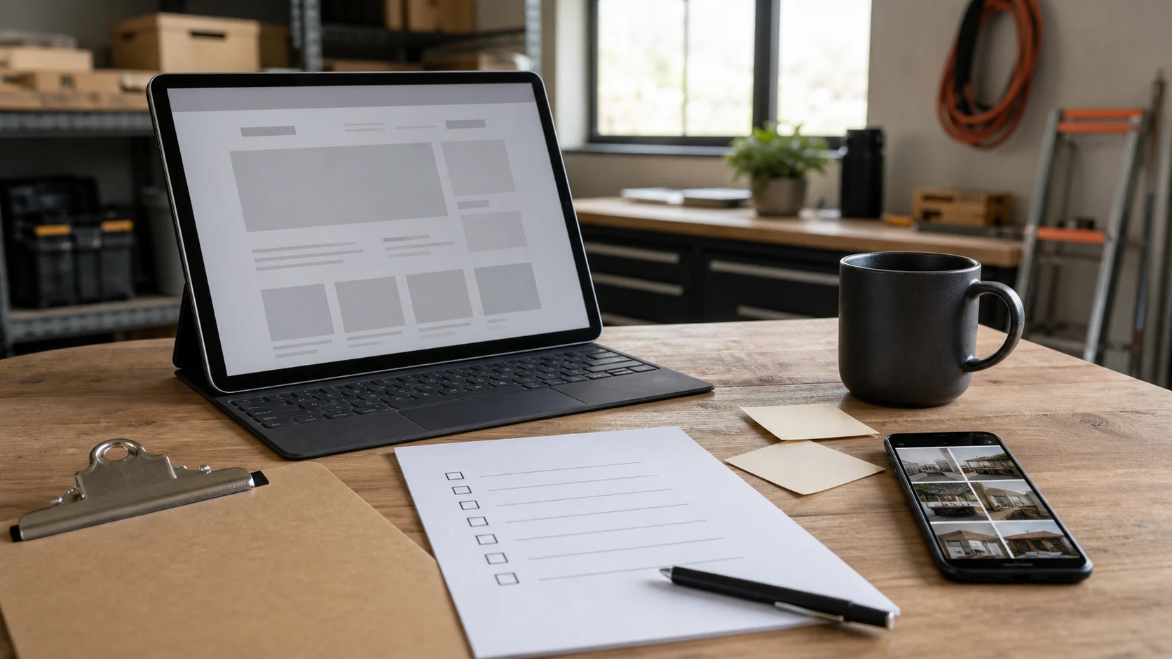 Home service office desk scene with generic job-photo thumbnails and proof notes being reviewed before a website update.