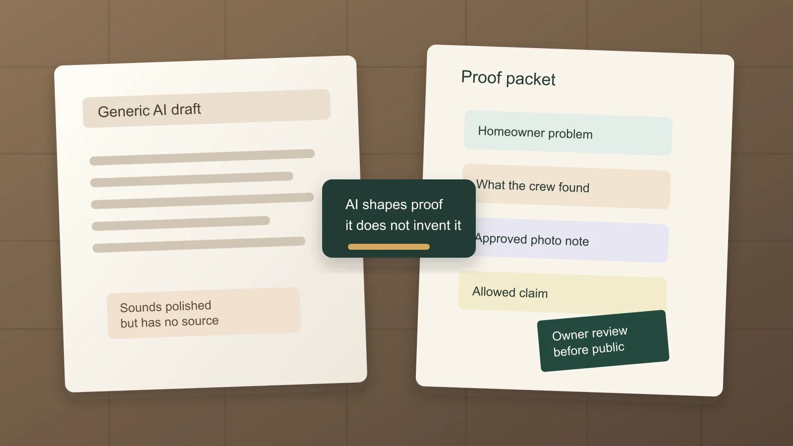 Worktable diagram showing a generic AI draft beside a proof packet with homeowner problem, crew findings, approved photo note, allowed claim, and owner review.