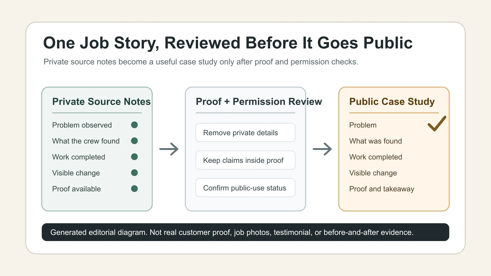 Diagram showing private source notes becoming a public home service case study after proof and permission review.