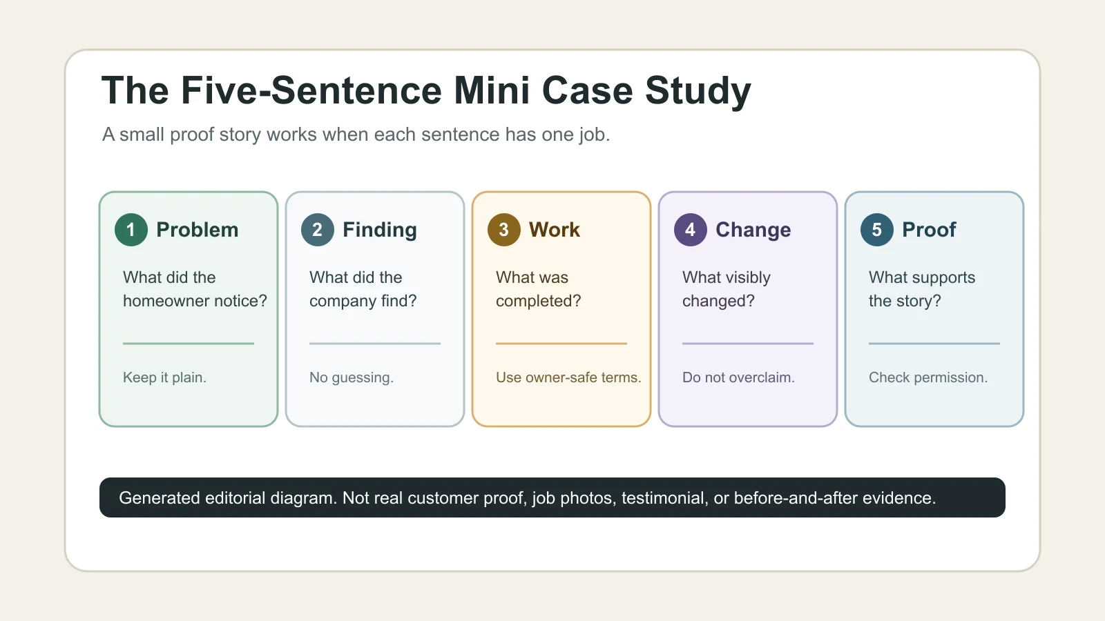 Five-card diagram showing the mini case study formula: problem, finding, work, change, and proof.