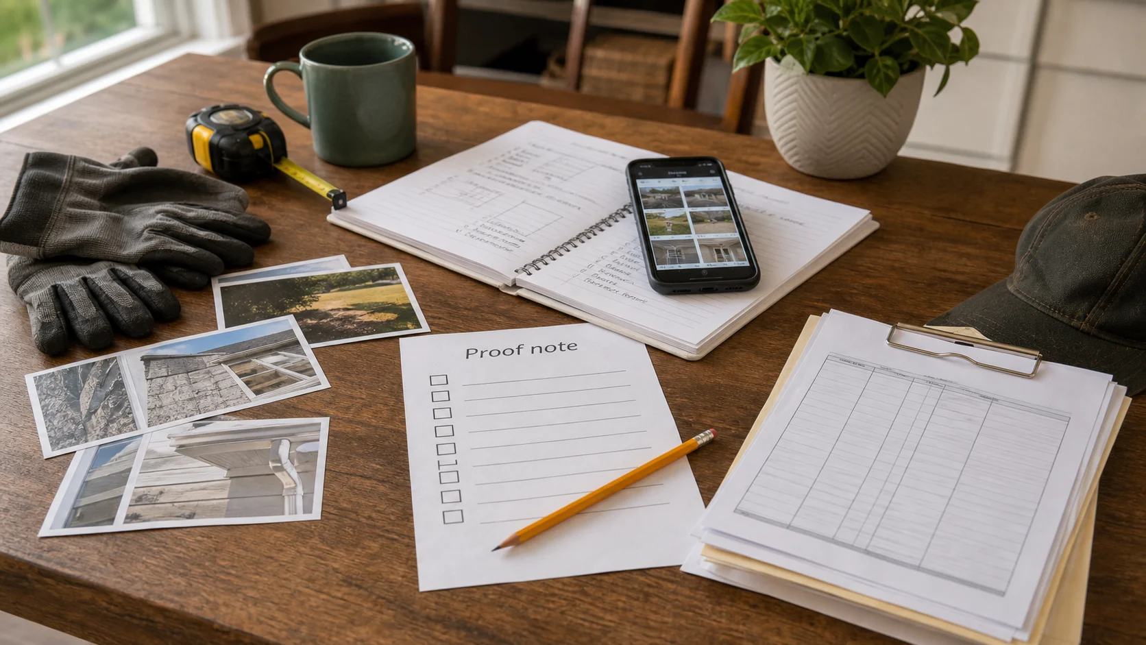 Worktable with job photos, gloves, tape measure, phone, and a proof-note checklist for organizing home service marketing evidence.